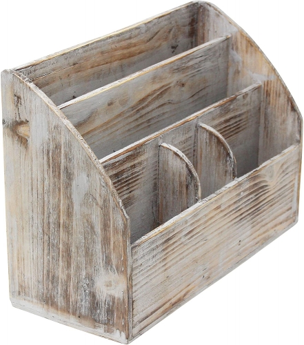 Vintage Rustic Wooden Office Desk Organizer & Mail Rack For Desktop, Tabletop, or Counter - Distressed Torched Wood - For Office Supplies, Desk Access