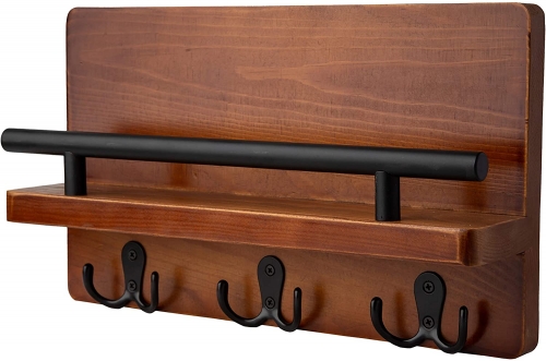 Modern Mail & Magazine Organizer for Wall - Contemporary Key Holder w/ 3 Double Hooks - Wooden Wall Mount Mail Holder – Wall Décor for Entryway Made o